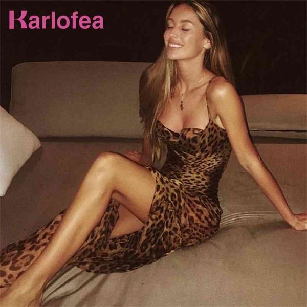 Karlofea Sexy Leopard V Neck Spaghetti Strap Maxi Dress Femmes Mousseline De Soie Plage Etage Longueur Robe Robe Robe D'été Nouveau Club Dress 210323