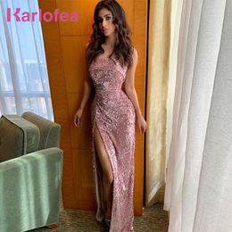 Karlofea Femmes Paillettes Soirée Robe De Soirée Sexy Sans Bretelles Haute Split Maxi Robe Élégante Piste Rose Célébrité Glitter Robes LJ201202