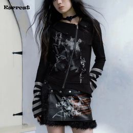 Karrcat Grunge Graffiti Print Zipper T-shirt Vintage Gothic onregelmatige tops Donkere esthetische lange mouw Patchwork T-shirt Punk Y2K 240510