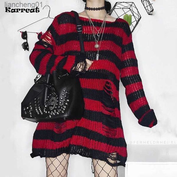 Karrcat Grunge Harajuku suéter de punto a rayas mujeres Y2K Streetwear agujero roto Jumper suelto púrpura suéteres Punk ropa gótica L230619