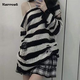 Karrcat Punk Gothic Long Sweater Vrouwen Donkere esthetische gestreepte pullovers Hollow Outized Grunge Jumpers emo alt kleding Y2K 220817