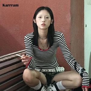 Karrram Japanse y2k gebreide tops vintage Harajuku gestreepte t -shirt grunge esthetiek lange mouw geribbeld Amerikaanse retro 00s 240402