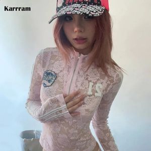 Karrram Japanse Y2k Lace Tops Vintage Harajuku Lange Mouw Sheer Tops 2000s Roze Doorzichtige T-shirt Amerikaanse Retro Mesh Tops 240118