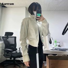 Karrram mode coréenne veste en cuir Vintage Bomber veste femmes fermeture éclair recadrée vêtements d'extérieur Grunge moto veste Y2k Techwear 231226