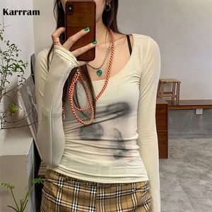 Karrram Style coréen Mesh Top Femmes Tie Dye Imprimé Voir à travers T-shirt Sexy Slim Translucide Sheer Tops Grunge T-shirts Japonais 220511