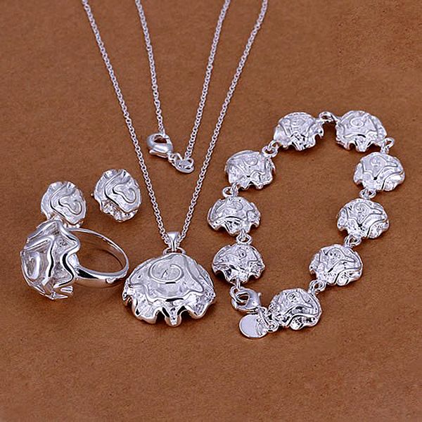 Kasanier Sales Femmes Mode 925 Silver Bijoux Anneau Ensemble Rose Flow Flower Goudins Bracelet Collier Ensemble Nouveau