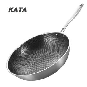 KATA 430 Acier Inoxydable Wok Poêle Épaisse En Nid D'abeille À La Main Poêle À Frire Antiadhésive Non Rouille Cuisinière À Gaz/Induction Cuisine Cook 220423