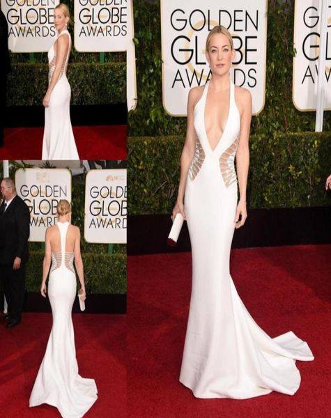 Kate Hudson Sexy Celebrity Dresses 2015 72nd Golden Globe Awards White Mermaid Satin Vesadas Vestidos de alfombra roja sin respaldo C5140795