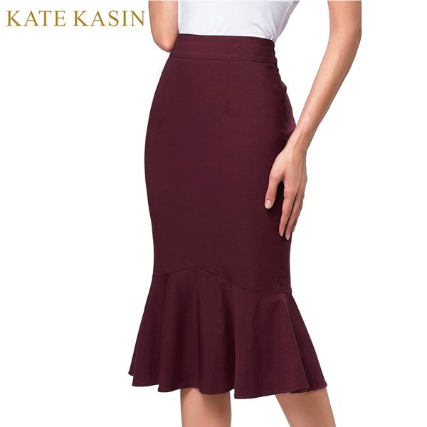 Kate kasin gran oferta señoras de la oficina elegante bodycon sirena falda 2017 nueva mujer elástico cintura alta volantes trompeta dobladillo faldas