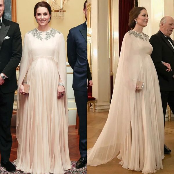 Kate Middleton Robes De Soirée Formelles Femme Enceinte Plus La Taille En Mousseline De Soie Robes De Soirée De Célébrités Avec Wrap Cape Manches Appliques Perlées Longue Robe De Bal Taille Haute