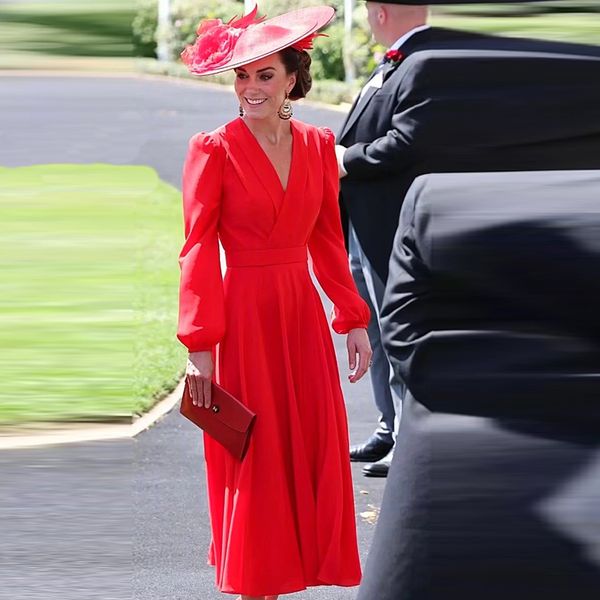 Kate Middleton Princesse Printemps Automne Femme Nouvelle Haute Qualité Mode Fête Célébrité Doux Anniversaire Jolie Rouge Chic Élégant Décontracté Vintage Sexy Robe Midi