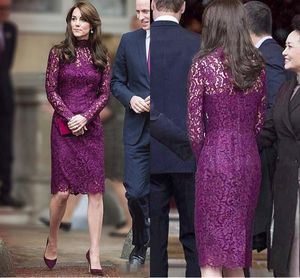 Kate Middleton Korte avondjurken voor vrouwen dragen met elegante knielengte schede kant lange mouw paarse cocktail prom formele jurken 2018
