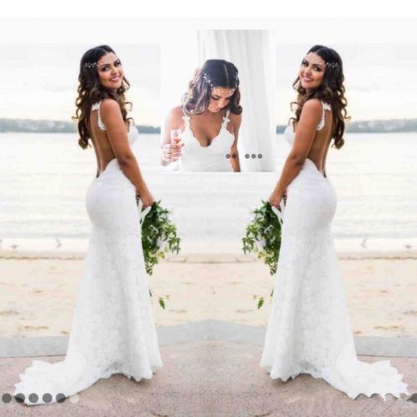 Katie May Mermaid Beach Lace Vestido de novia Modesta Moda Spaghetti Backless Country Bohemian Fishtail Bridal Vestidos de vacaciones