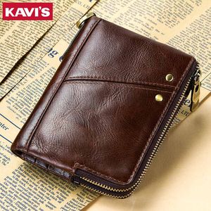 KAVIS Biker-portemonnee van echt leer met ijzeren ketting Anti-diefstal RFID-bescherming Creditcardhouder Bifold herenmode portemonnee