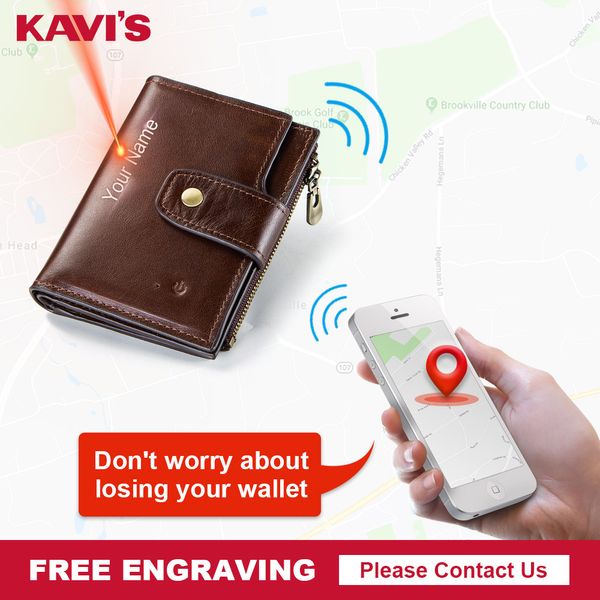 Cartera inteligente KAVIS RFID para hombre, de cuero genuino con alarma, rastreador GPS Bluetooth, tarjetero para hombre, carteras de diseño de alta calidad