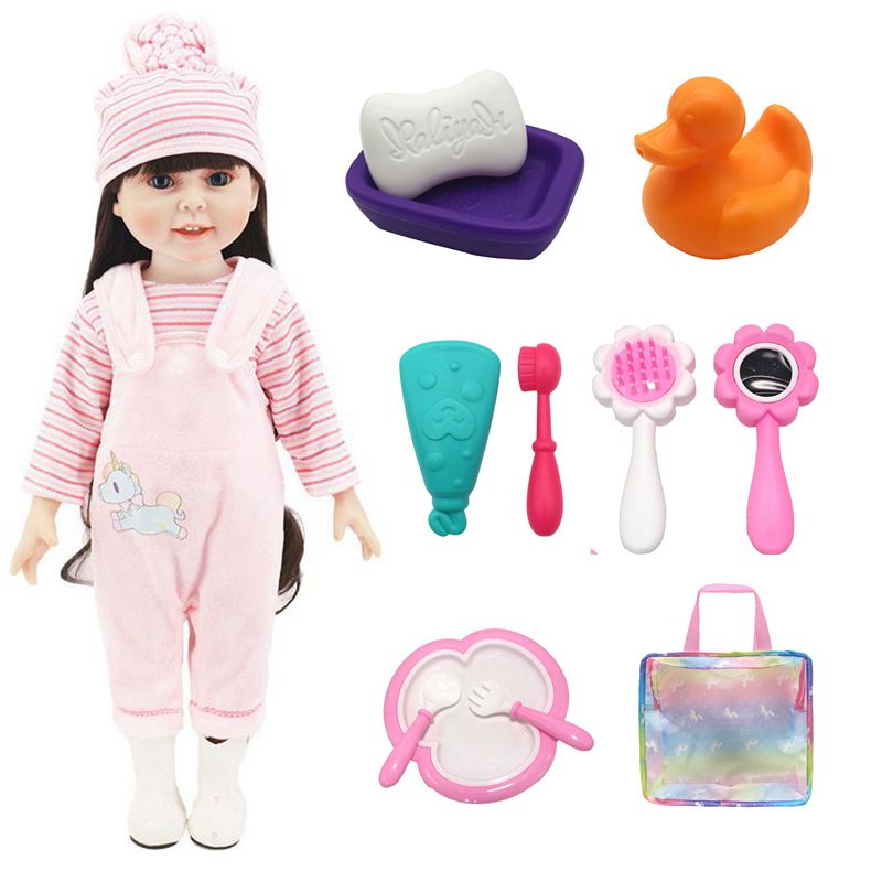 Kawaii 13 öğe / lot moda pembe bebek kıyafetleri şapka sofra takımları tuvalet çanta diş fırçası minyatür aksesuarları Amerikan kız