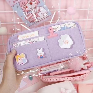 Kawaii toile porte-crayon mignon Animal Badge rose étuis à crayons grands sacs d'école pour jeune fille papeterie fournitures