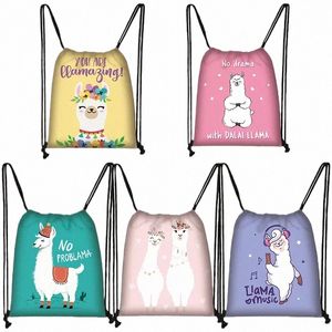 Kawaii Carto Animal Llama Alpaca Bolso con cordón Mujeres Bolsas de almacenamiento Mochila Bolso de hombro para viajes Mochilas casuales Regalo s1AF #