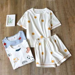 Kawaii cartoon homewear 2 stuks katoenen dames pyjama set zachte zomer dunne pyjama femme korte mouw losse huis pak nachtkleding 210809