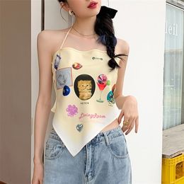 Camisola con estampado de gato Kawaii, camisetas sin mangas elásticas, camisetas sin mangas Harajuku, chaleco corto Sexy de verano, camisetas coreanas para mujer 210702