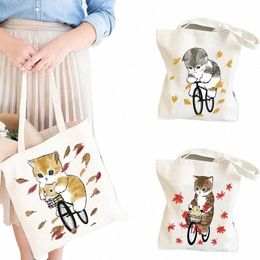 Kawaii Cat Print Femmes Designer Sacs fourre-tout en lin Sac de magasin réutilisable pour les sacs à bandoulière d'épicerie pour Lady Sac fourre-tout mignon F0Pg #