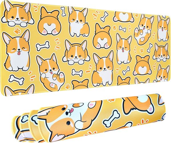 Tapis de souris de jeu Kawaii Corgi pour bureau étendu grand tapis de souris Corgi Dog Orange tapis de souris XL 31,5 x 11,8 pouces