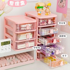 Kawaii bureau papeterie boîte de rangement organisateur tiroir porte-stylo maquillage cosmétique bureau en plastique mignon 240125