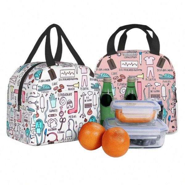 Kawaii Doctores Enfermera impresa bolsas de almuerzo aisladas para mujeres pequeñas bolsas de almuerzo portátiles bolsas termales termales de bento bolso de almuerzo w9dp#