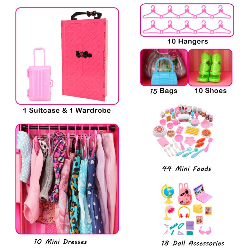 Kawaii dolly möbler garderob 43 artiklar/lot barn leksaker mini dolltillbehör garderob skor för barbie diy barn spel närvarande