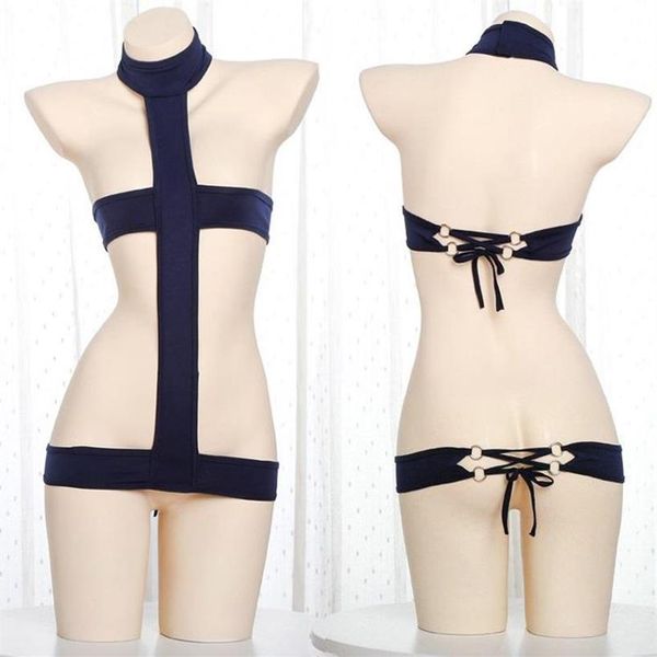 Kawaii Mode Cosplay Anime Miku Mini Robe Sexy Bleu Rayé Micro Bikini Vêtements De Nuit Soutien-Gorge Ouvert Babydoll Voir À Travers Vêtements Soutiens-gorge 192p