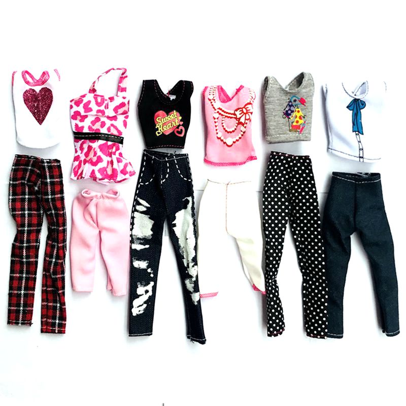 Kawaii Fashion Handmade 12 Items/Lot Doll Accessories Fast shipping =6 Tops +6 Pants Clothes For Barbie Game DIY Birthday Gifts