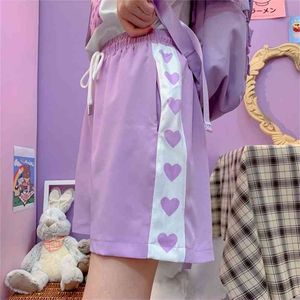 Kawaii Girls Coton Violet Shorts Summer Love Heart Imprimer Patchwork Court Harajuku Élastique Taille Haute Cordon Femmes 210714