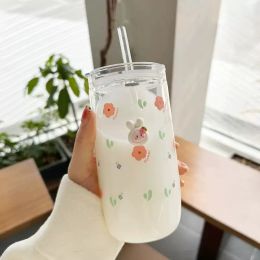 Kawaii Glazen Beker Met Deksel Stro Leuke Oranje Koffiemok Melk Warme Dranken Koreaanse Water Sap Thee Cup Drinkware Gift 600 ml