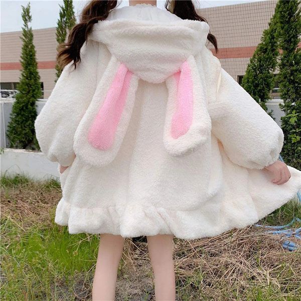 Kawaii sweats à capuche femmes Lolita hiver chaud laine d'agneau surdimensionné sweat mignon oreilles de lapin à manches longues fermeture éclair veste polaire à capuche 231225
