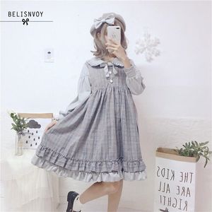 Kawaii Japanse Lolita Jurk Dames Herfst Vintage Lange Mouwen Patchwork Plaid Harajuku College Bowknot Ruches Leuke 210520