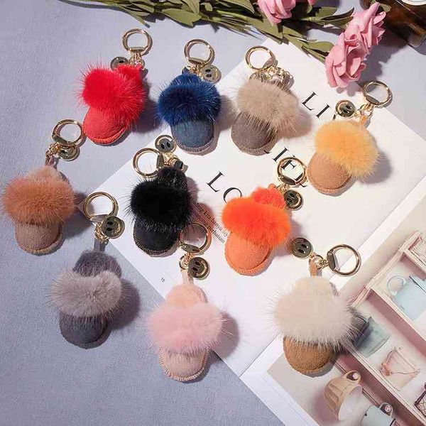 Kawaii porte-clés de luxe en vraie fourrure de vison avec Mini pantoufles en cuir porte-clés pour femmes porte-sac à breloques chaîne pendentif clé de voiture