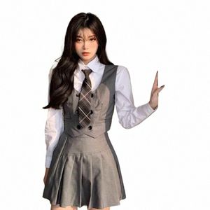 Kawaii dame uniformes scolaires gilet décontracté veste chemise jupe plissée cravate Lg manches costume scolaire femme collège Style ensembles 44HE #