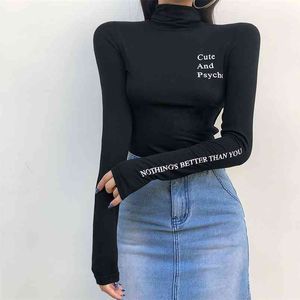 Kawaii letra impresión tortuga de tortuga manga larga y2k crop top negro camisetas de mujer harajuku khaki camiseta femenina streetwear 210510