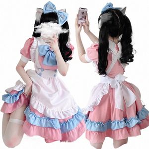 Kawaii Lolita Anime French Maid Rose + Bleu Cosplay French Maid Lolita Jupe Costume Mignon Japonais Cosplay Costume Anime Costume 76ux #