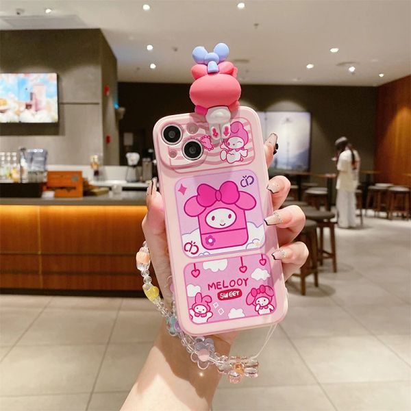 Kawaii My Melody Cinnamoroll Cajones de teléfonos con soporte para iPhone 14 13 12 11 8 Pro Max x XS Anime Shell Shell Soft Tpu Back Cover