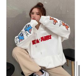 Sudaderas con capucha de gran tamaño Kawaii para mujer, Tops Harajuku 2021, ropa de calle informal, sudadera con estampado de dibujos animados con letras Tom Jerry Q09017730190