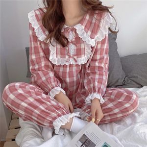 Kawaii a cuadros Peter Pan Collar Autumn Home Trait Women Women Patchwork Shirts Pantals Juego de dos piezas de algodón Lolita 231221