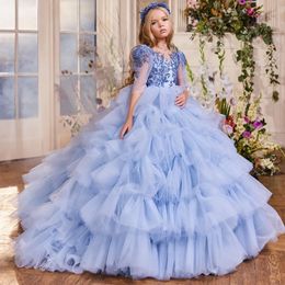 Tiere Fleur Filles Robes 2023 Bébé Bleu Volants Robe De Bal Perle Enfants Robe De Soirée Demi Manches Princesse Enfant Occasion Spéciale Robe GJ0318