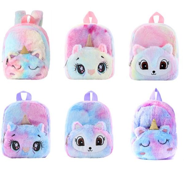 Mochila de unicornio de peluche Kawaii para niños, mochila escolar de gato de dibujos animados, mochila escolar de piel suave para niños de jardín de invierno y otoño
