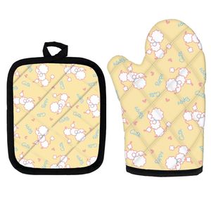 Kawaii poedel hondenpatroon ontwerp keukenhandschoenen voor koken aanpassen ovenwanten bakken 2pcset thiked warmte geïsoleerde kussens 220707