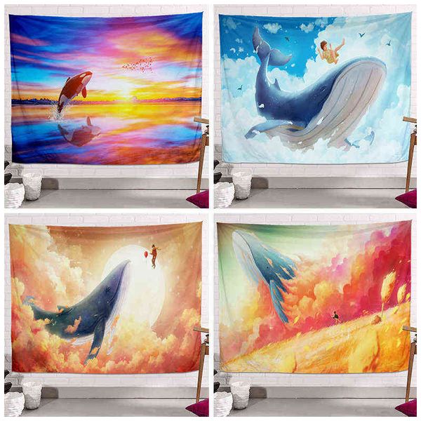 Kawaii Chambre Décor Baleine Fond Tissu Suspendu Dans Le Vent Mur Chambre Table De Chevet Décoration Tapis Mural J220804