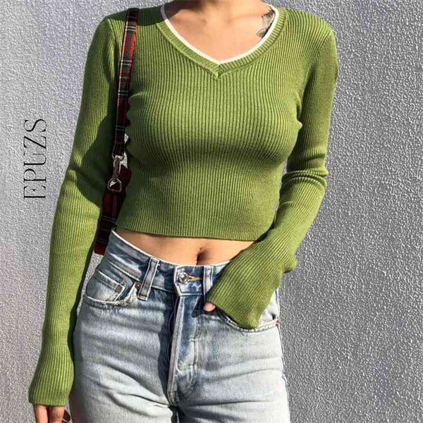 Kawaii sexy crop pull femmes rose tricoté s Streetwear vêtements d'hiver pull complet 210521