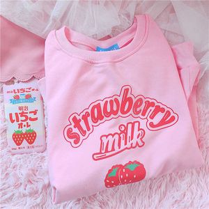 Kawaii fraise graphique sweat femmes hiver 2020 Style coréen Plus velours mignon hauts Harajuku rose vêtements pour adolescents Y0820