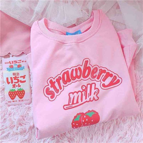 Kawaii Fraise Graphique Sweat-shirt Femmes Hiver Style Coréen Plus Velours Mignon Tops Harajuku Vêtements Roses pour adolescents 210809