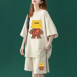 Kawaii Summer Femmes surdimensionnées en deux pièces courtes courtes coréennes Femme à manches courtes sur la mode Carton décontracté sports Costumes décontractés 240423